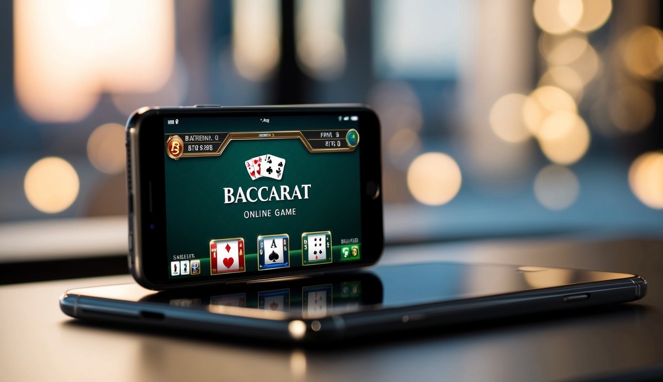 Sebuah smartphone yang menampilkan aplikasi permainan Baccarat Online di atas meja yang ramping dan modern dengan pencahayaan lembut dan ambient