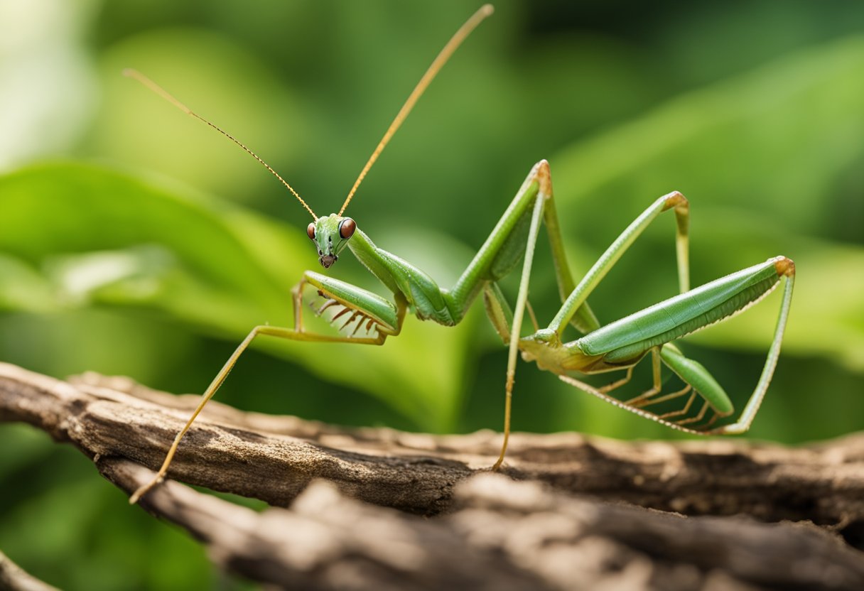 A Boxer Mantis perched on a leaf, its forelegs raised in a defensive stance