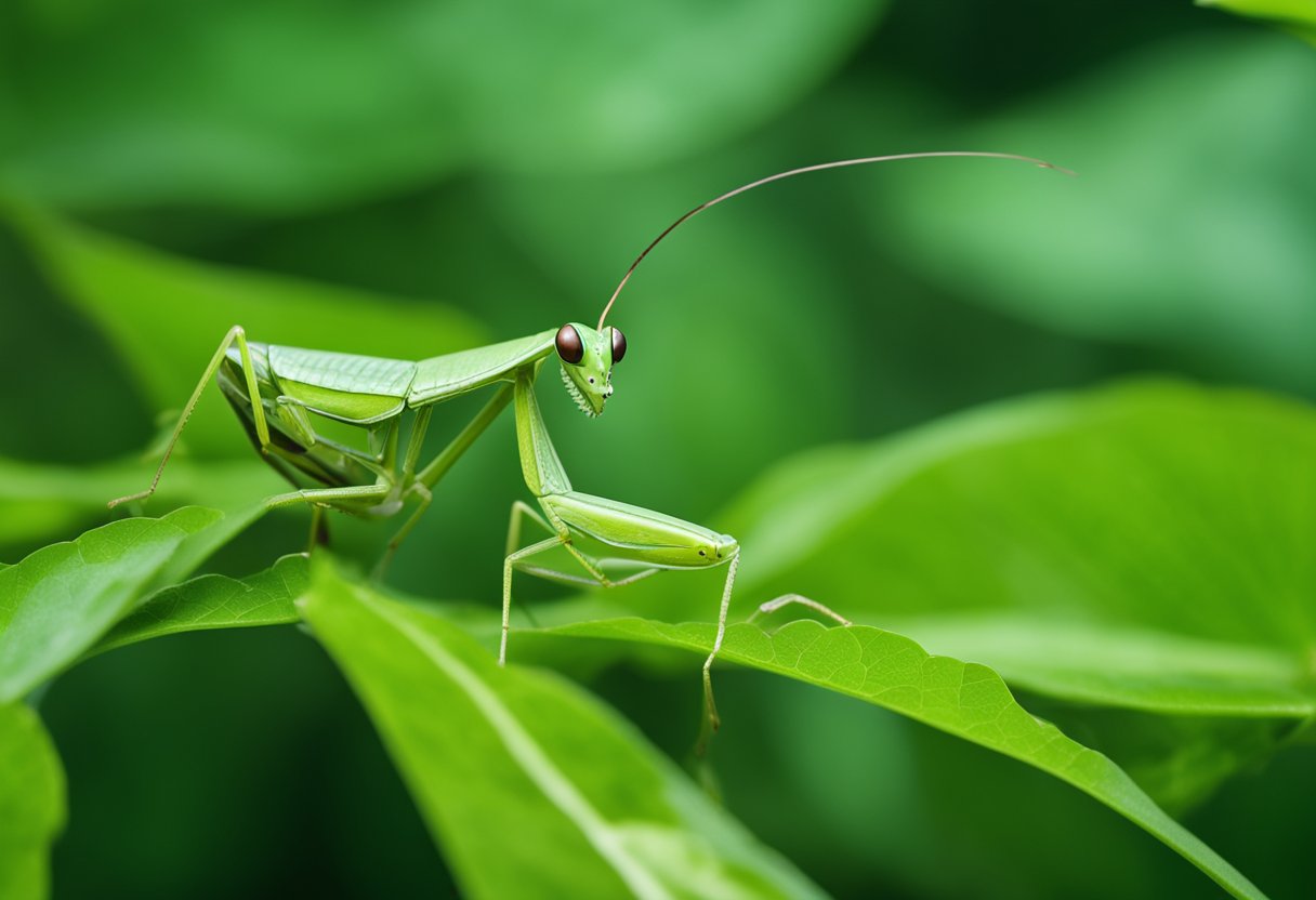 A Boxer Mantis perched on a leaf in a lush, green forest. It is camouflaged among the foliage, blending in seamlessly with its surroundings