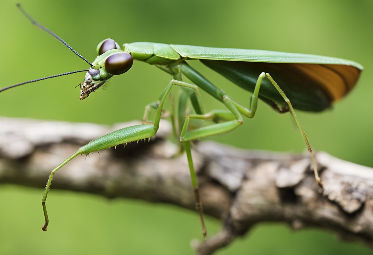 A Boxer Mantis perched on a twig, blending into its surroundings with its brown and green coloration. Its forelegs are raised in a defensive posture, ready to strike