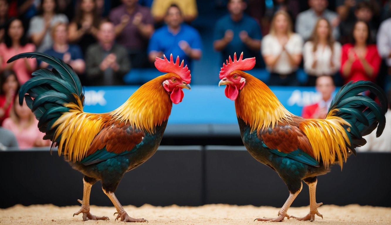 Dua ayam jantan berhadapan di arena virtual, dikelilingi oleh penonton digital yang bersorak