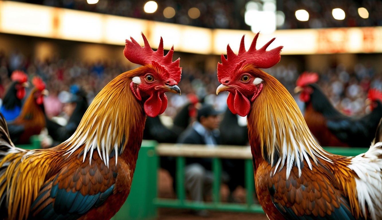 Dua ayam jantan berhadapan di arena yang ramai untuk sabung ayam tradisional