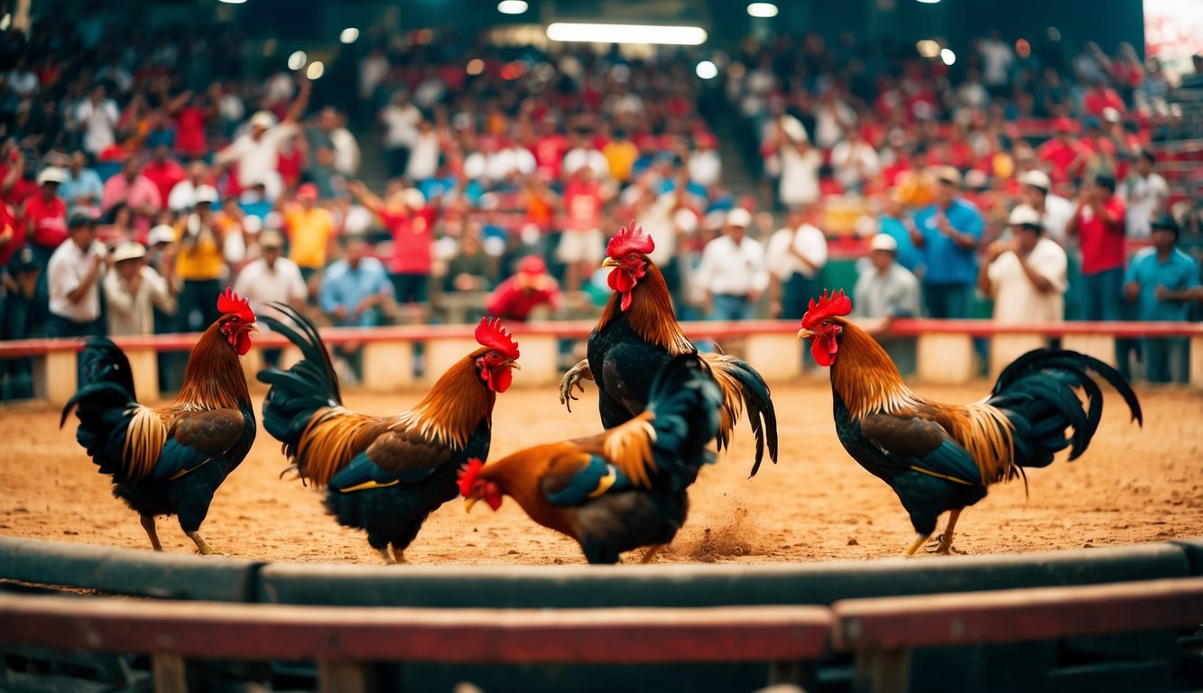 Arena sabung ayam yang ramai dan hidup dengan penonton yang bersorak dan ayam jantan yang terlibat dalam pertarungan sengit