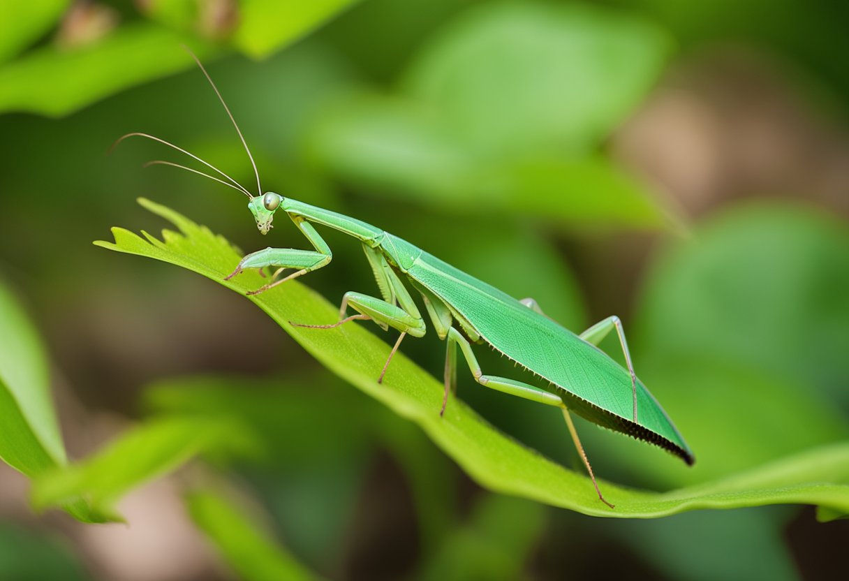 A Budwing Mantis perched on a vibrant green leaf, its body blending seamlessly with the foliage. Its forelegs poised in a striking position, ready to capture its prey