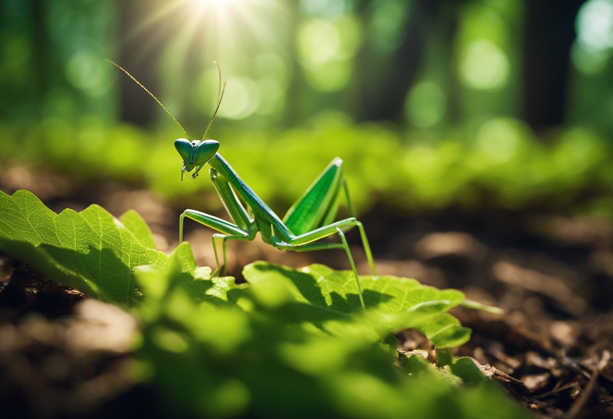 A lush green forest floor with dappled sunlight, where a Budwing Mantis perches on a leaf, blending in with its surroundings