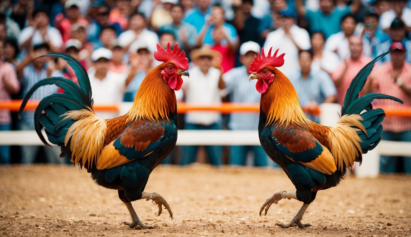 Dua ayam jantan terlibat dalam pertarungan ayam langsung, dikelilingi oleh kerumunan yang bersorak