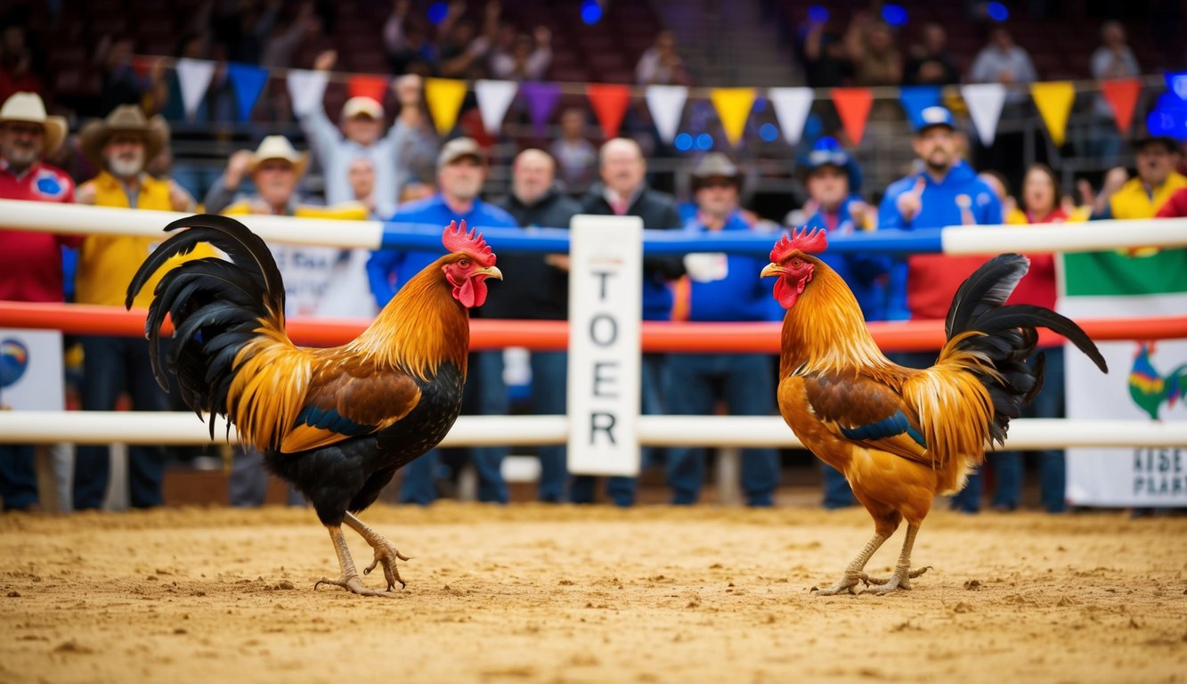 Dua ayam jantan berhadapan di arena yang ditentukan, dikelilingi oleh penonton yang bersorak dan spanduk berwarna-warni