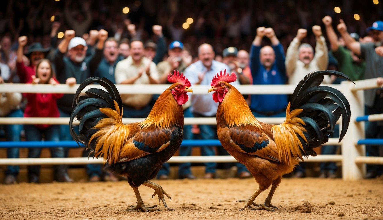 Sebuah arena yang ramai dengan dua ayam jantan yang saling berhadapan dalam pertarungan sengit, dikelilingi oleh penonton antusias yang memberi semangat kepada mereka