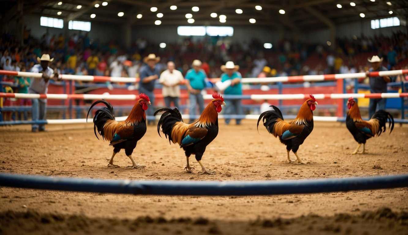 Sebuah arena sabung ayam yang terpercaya dengan penonton yang bersorak dan ayam jantan berwarna-warni di dalam ring