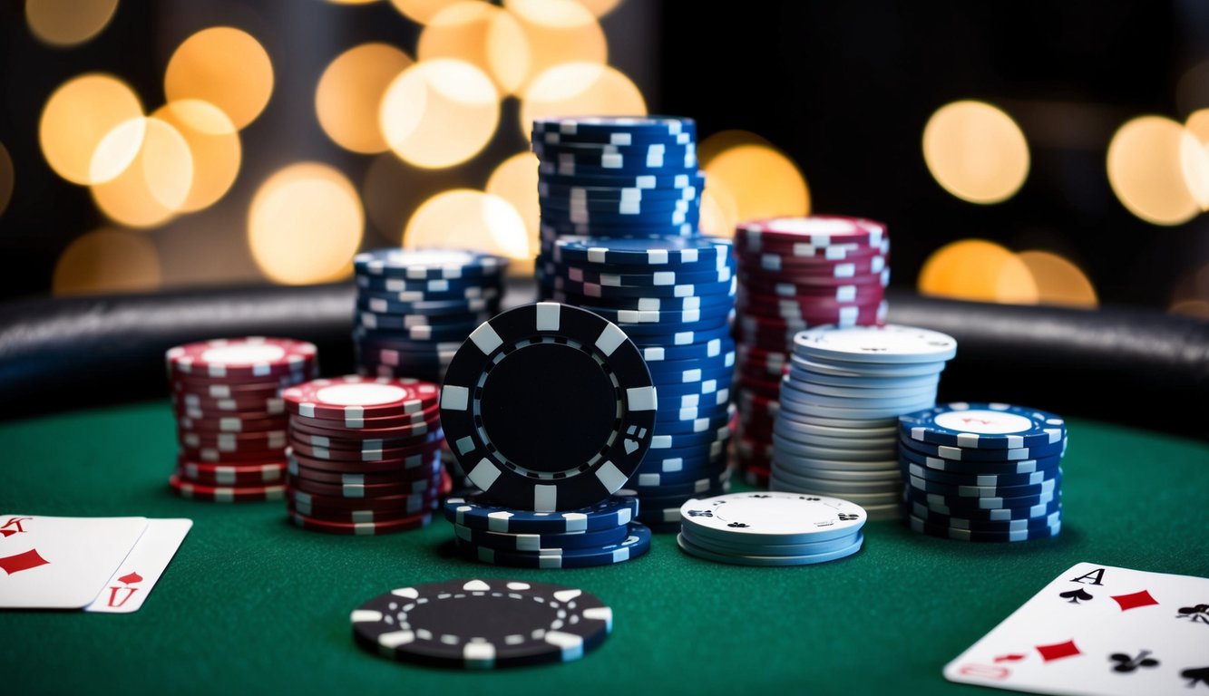 Sekelompok chip poker dan kartu yang disusun di atas meja felt hijau, dengan tombol dealer dan tumpukan chip di latar belakang