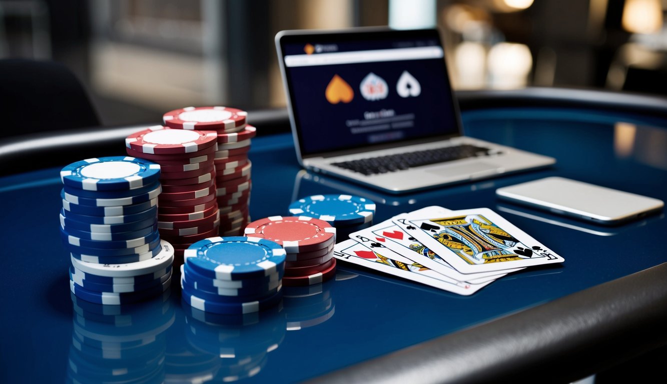 Sekelompok chip poker dan kartu bermain yang disusun di atas meja modern yang ramping dengan perangkat digital yang menampilkan situs web poker online