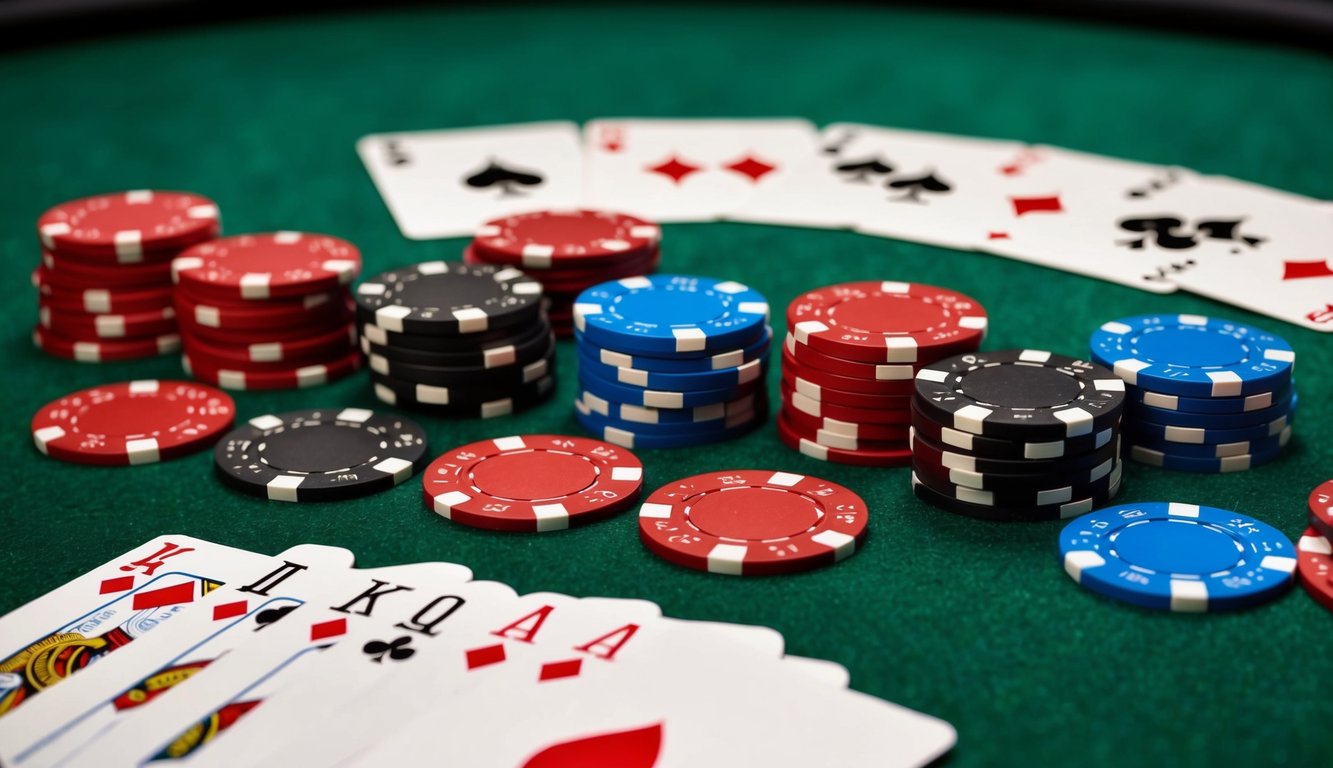 Sekelompok chip poker dan kartu remi yang disusun di atas meja felt hijau