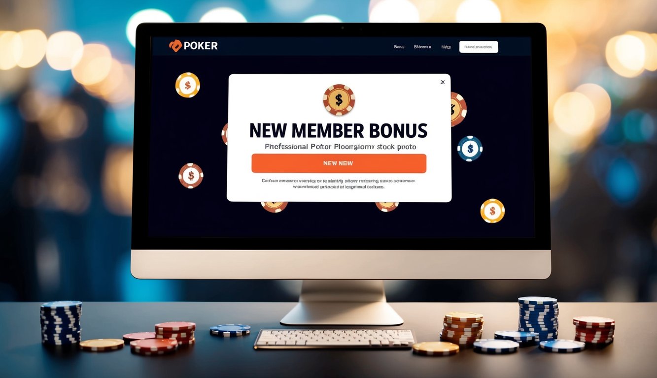 Sebuah layar komputer menampilkan situs web poker dengan penawaran "Bonus Anggota Baru" yang disorot. Kartu dan chip poker tersebar di sekelilingnya.