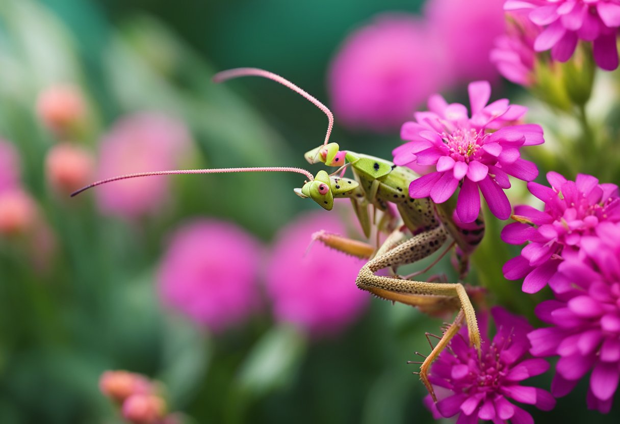 A Spiny Flower Mantis perched on a vibrant pink flower, its body blending in with the petals as it waits for unsuspecting prey