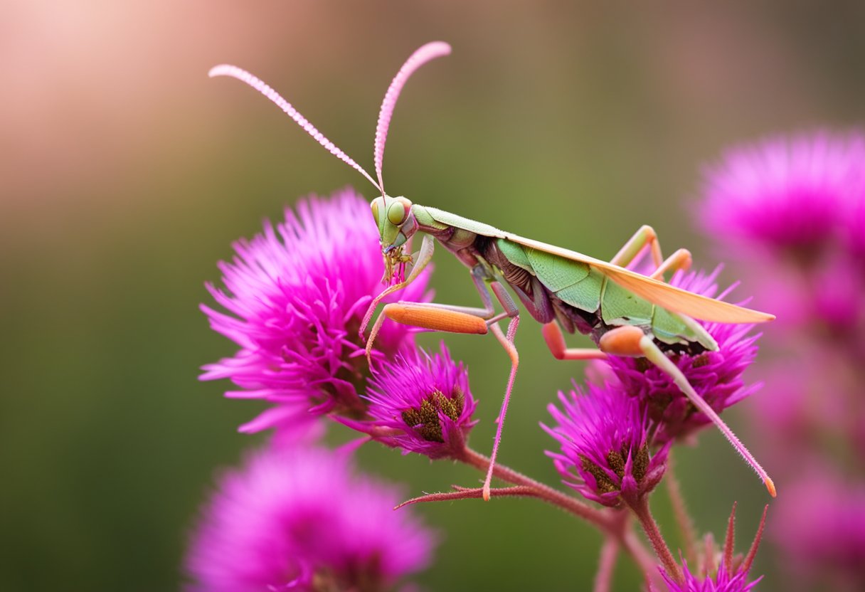 A Spiny Flower Mantis perched on a vibrant pink flower, its spiky body camouflaged among the petals, waiting to ambush its prey