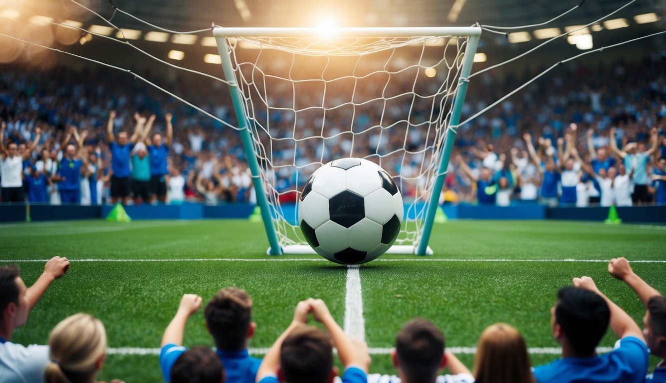 Sebuah bola sepak yang menggulung ke dalam gawang, dikelilingi oleh penggemar yang bersorak di stadion