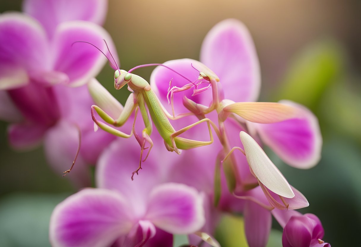 An Orchid Mantis perched on a delicate pink orchid, blending in seamlessly with its surroundings