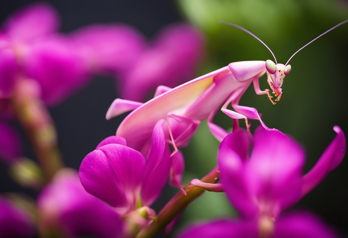 An orchid mantis perched on a vibrant pink orchid, camouflaged among the petals