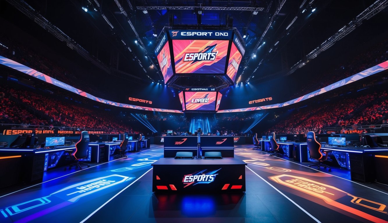 Sebuah arena esports yang dinamis dengan grafik yang hidup dan kompetisi yang intens