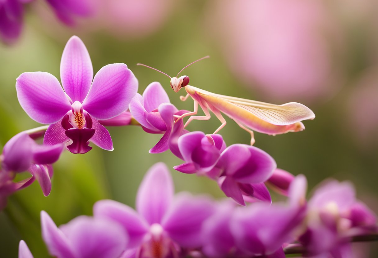 An orchid mantis perched on a pink orchid, blending seamlessly with its delicate petals