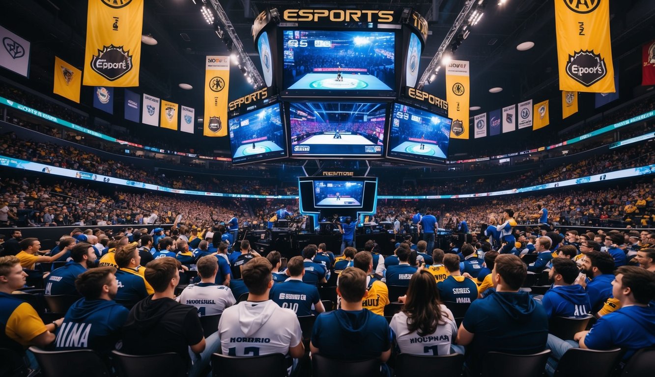 Sebuah arena yang ramai dengan layar besar yang menampilkan pertandingan Esports yang intens, dikelilingi oleh penggemar yang bersorak dan spanduk tim yang berwarna-warni