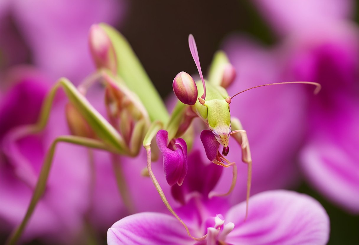 An orchid mantis perched on a pink orchid, blending in with its delicate petals and waiting for unsuspecting prey