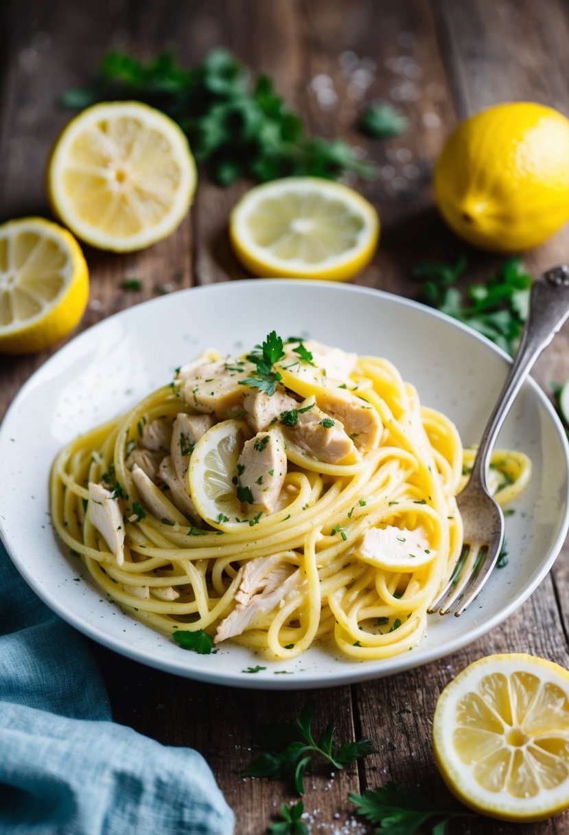 A steaming plate of creamy lemon chicken pasta on a rustic wooden table, surrounded by scattered lemon slices and a sprinkle of fresh herbs
