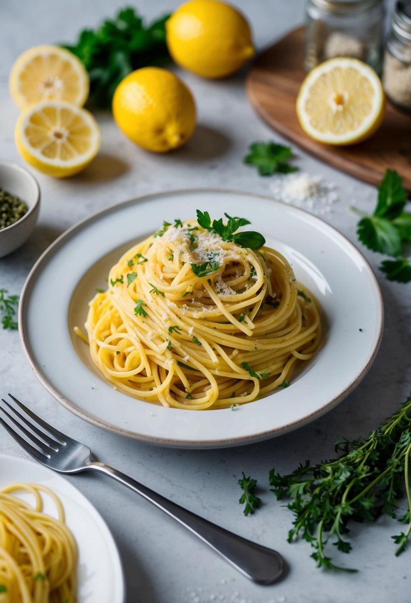 A table set with a plate of spaghetti al limone surrounded by ingredients like lemons, pasta, and herbs