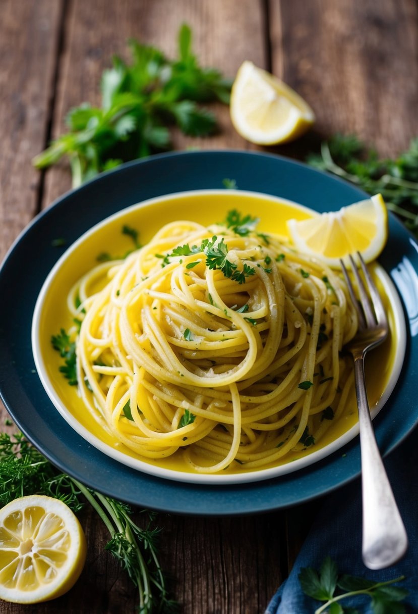 A steaming plate of lemon garlic butter pasta on a rustic wooden table, surrounded by fresh herbs and a wedge of lemon