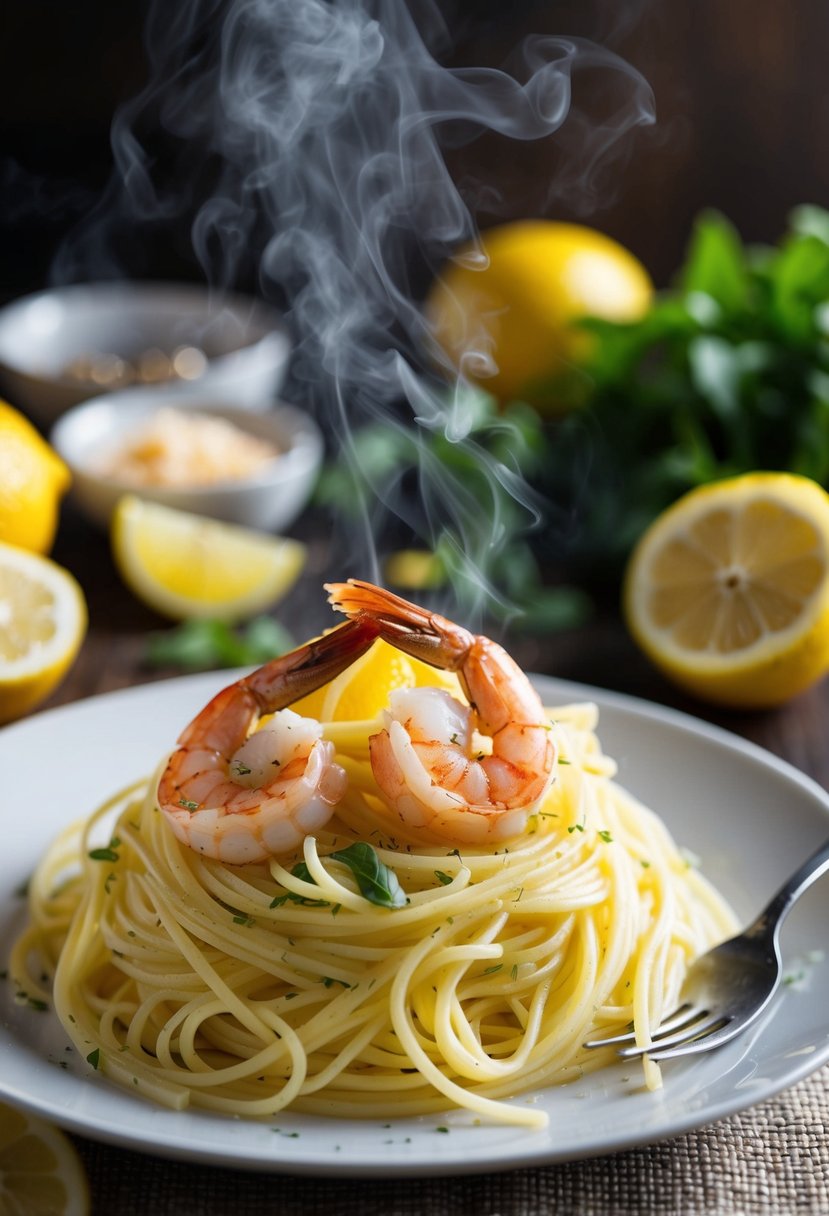 A steaming plate of angel hair lemon pasta with succulent shrimp, surrounded by fresh ingredients and a hint of citrus in the air