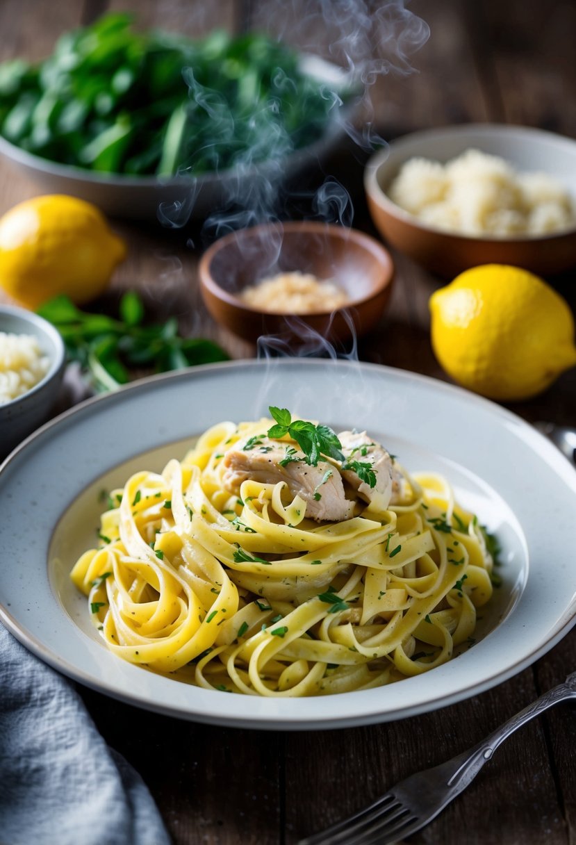 A steaming plate of lemon herb chicken fettuccine, surrounded by fresh ingredients and a rustic dinner setting