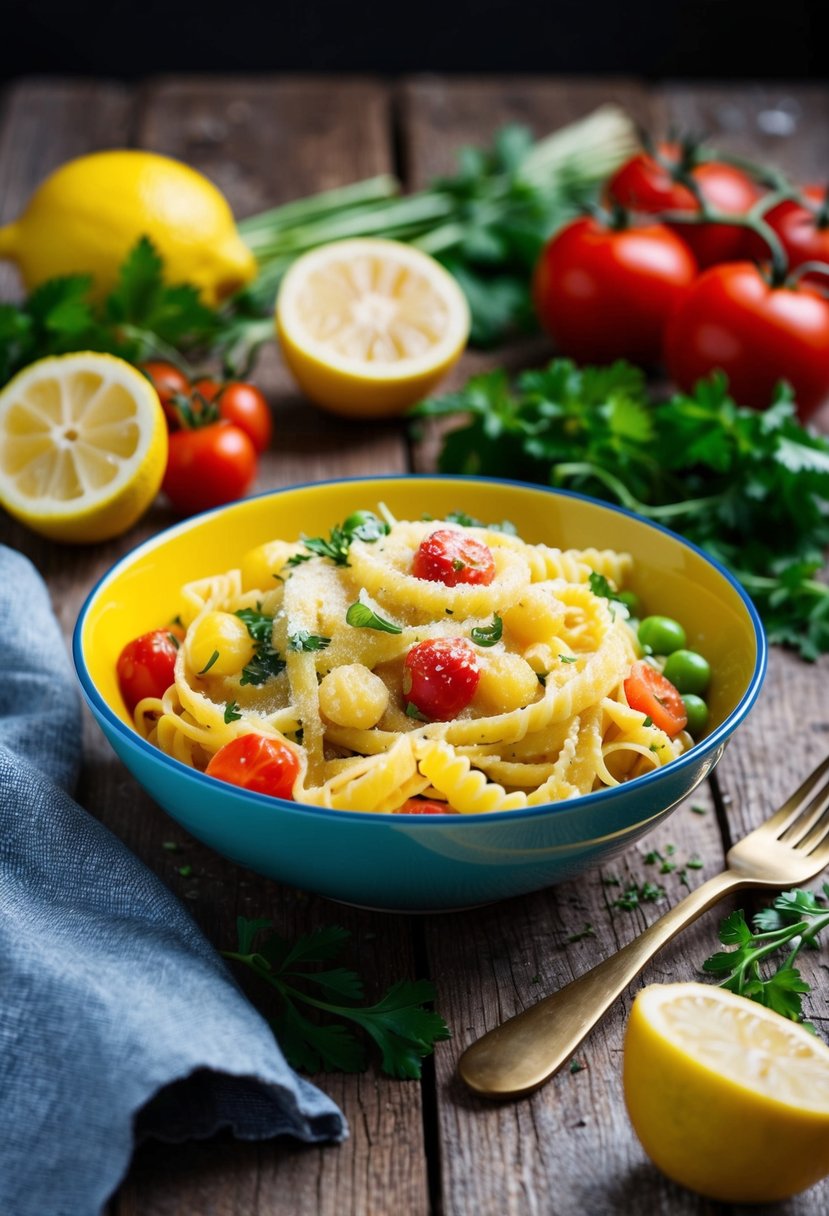 A colorful bowl of Parmesan Lemon Pasta Primavera sits on a rustic wooden table surrounded by fresh ingredients like lemons, tomatoes, and herbs
