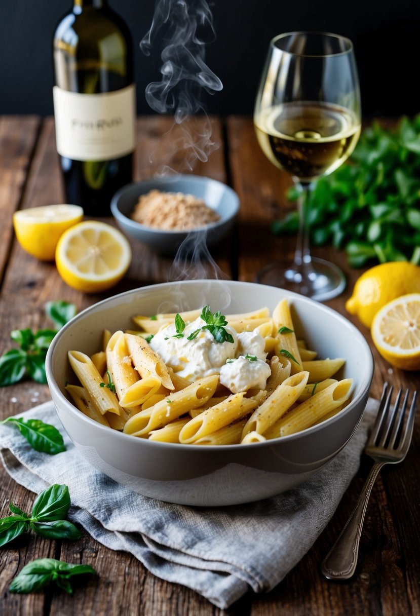 A steaming bowl of lemon ricotta penne sits on a rustic wooden table, surrounded by fresh ingredients and a glass of white wine