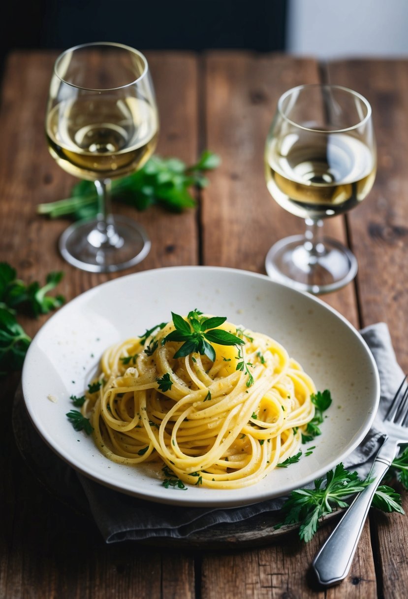 A steaming plate of lemon pasta, garnished with fresh herbs, sits on a rustic wooden table next to a glass of white wine