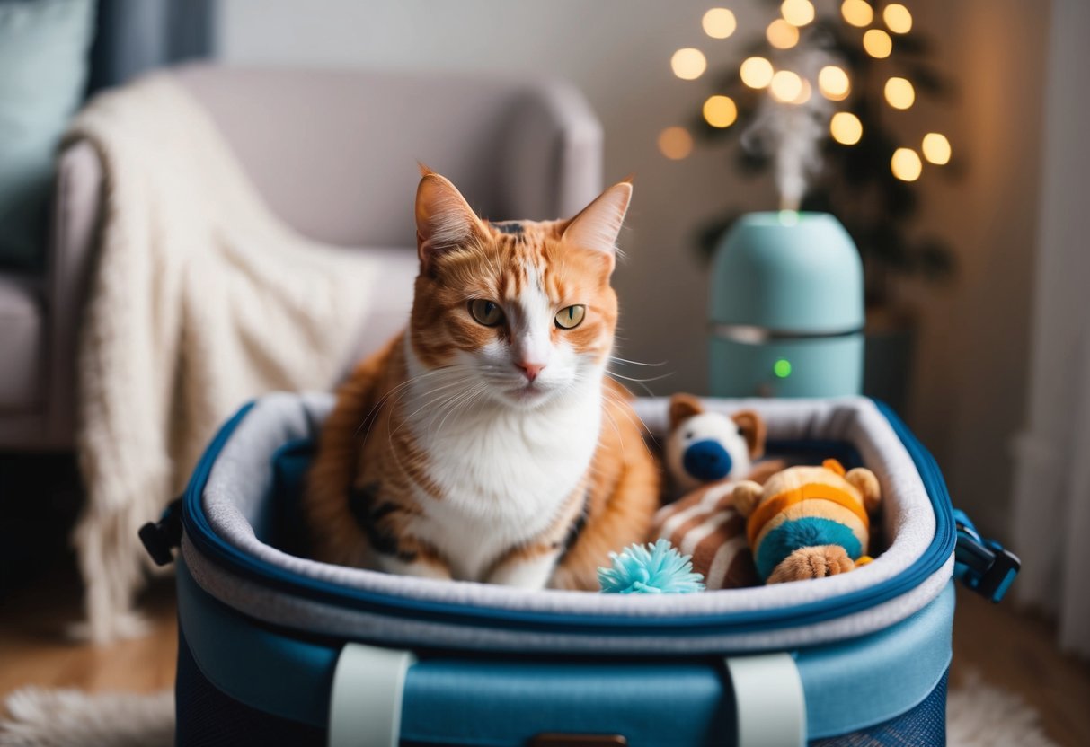 A calico cat sits calmly in a cozy carrier, surrounded by familiar toys and blankets. A soothing diffuser emits calming scents, while soft music plays in the background