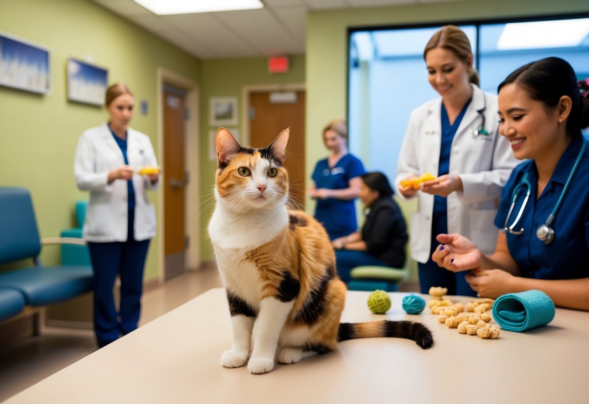 A calico cat calmly sits in a cozy waiting room at the veterinarian's office, surrounded by soothing colors and soft lighting. Friendly staff members approach with gentle smiles, offering treats and toys to ease any anxiety