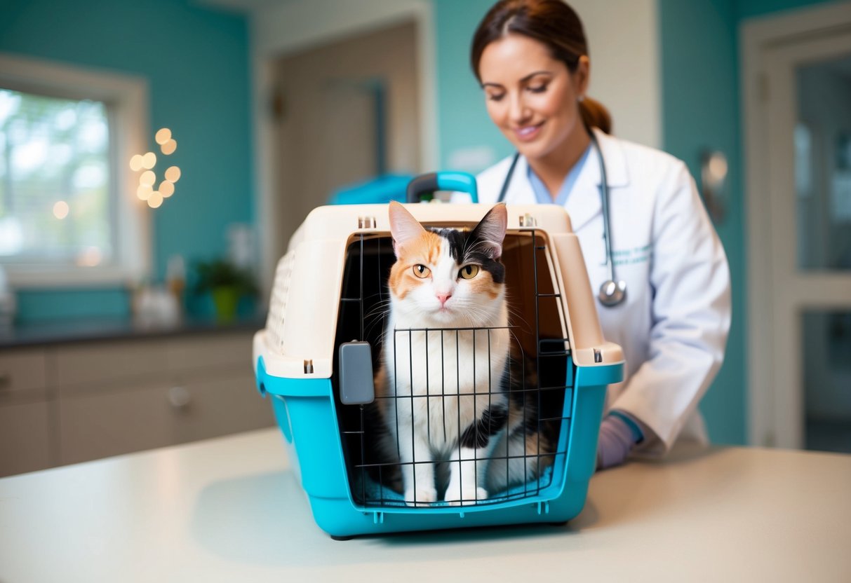 A calico cat sits calmly in a cozy carrier, surrounded by soothing colors and soft lighting at the vet's office. Gentle music plays in the background, and a caring veterinarian approaches with a warm smile