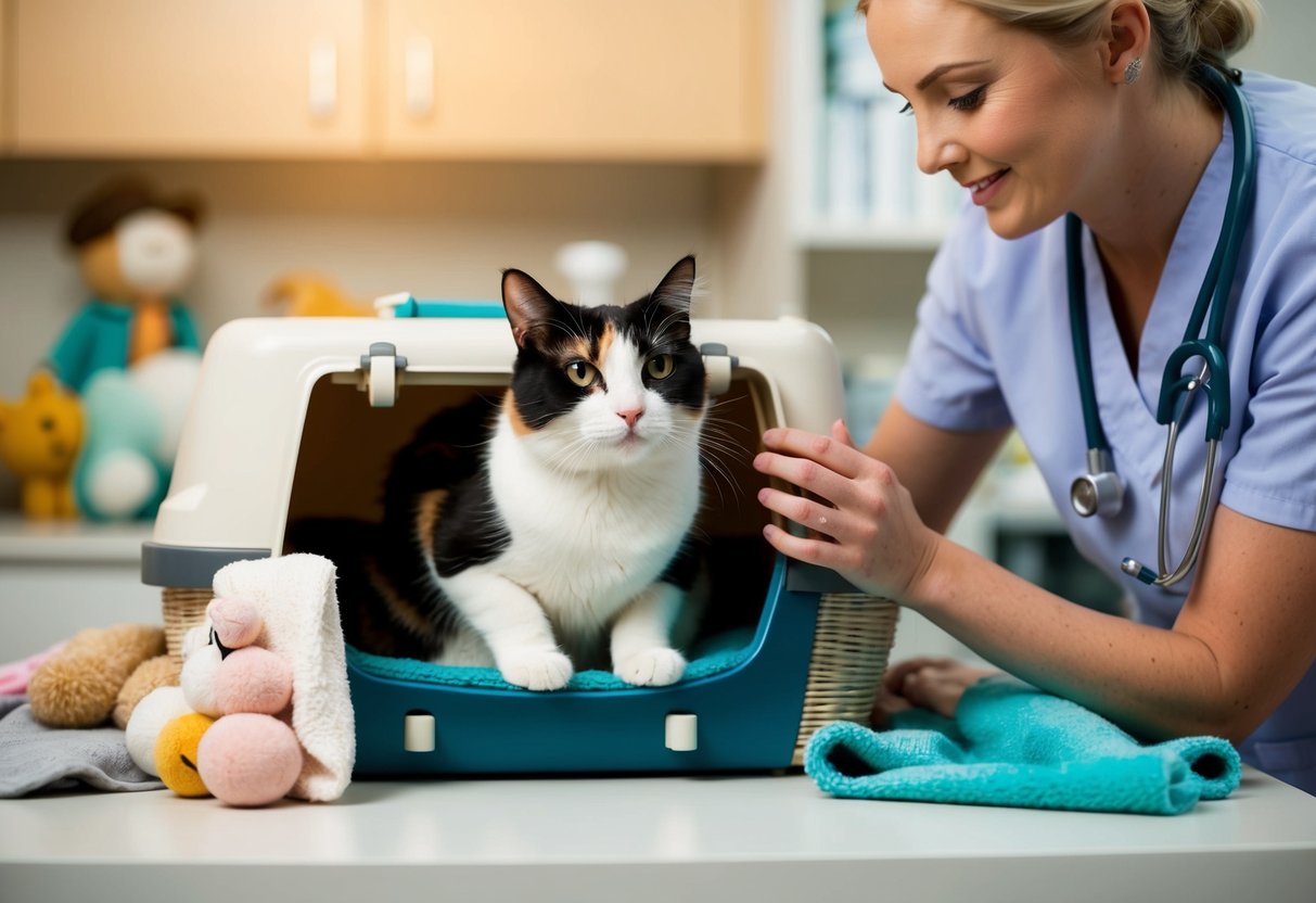 A calico cat sits calmly in a cozy carrier, surrounded by familiar toys and blankets, while a veterinarian gently examines her with a soothing voice and gentle touch