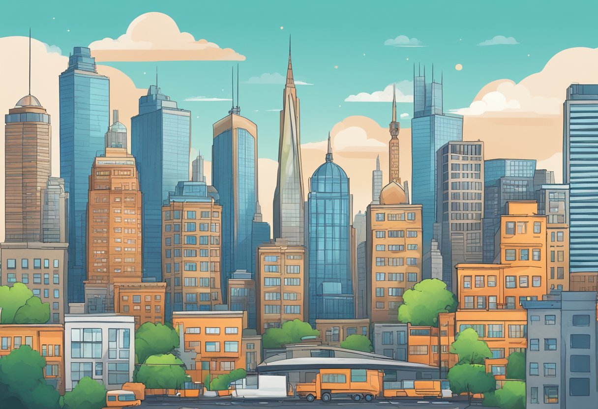 A bustling city skyline with two towering buildings, one labeled "GoHighLevel" and the other "HubSpot," standing out among the rest