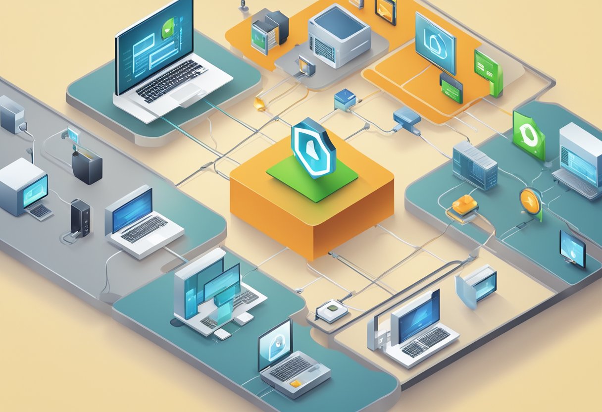 A network of interconnected devices with firewalls and encryption, monitored by a central management system