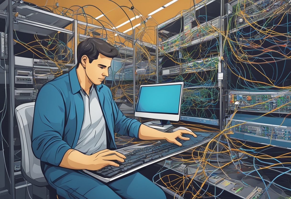 A network engineer analyzing a complex web of interconnected devices and cables, using diagnostic tools to troubleshoot and improve network visibility