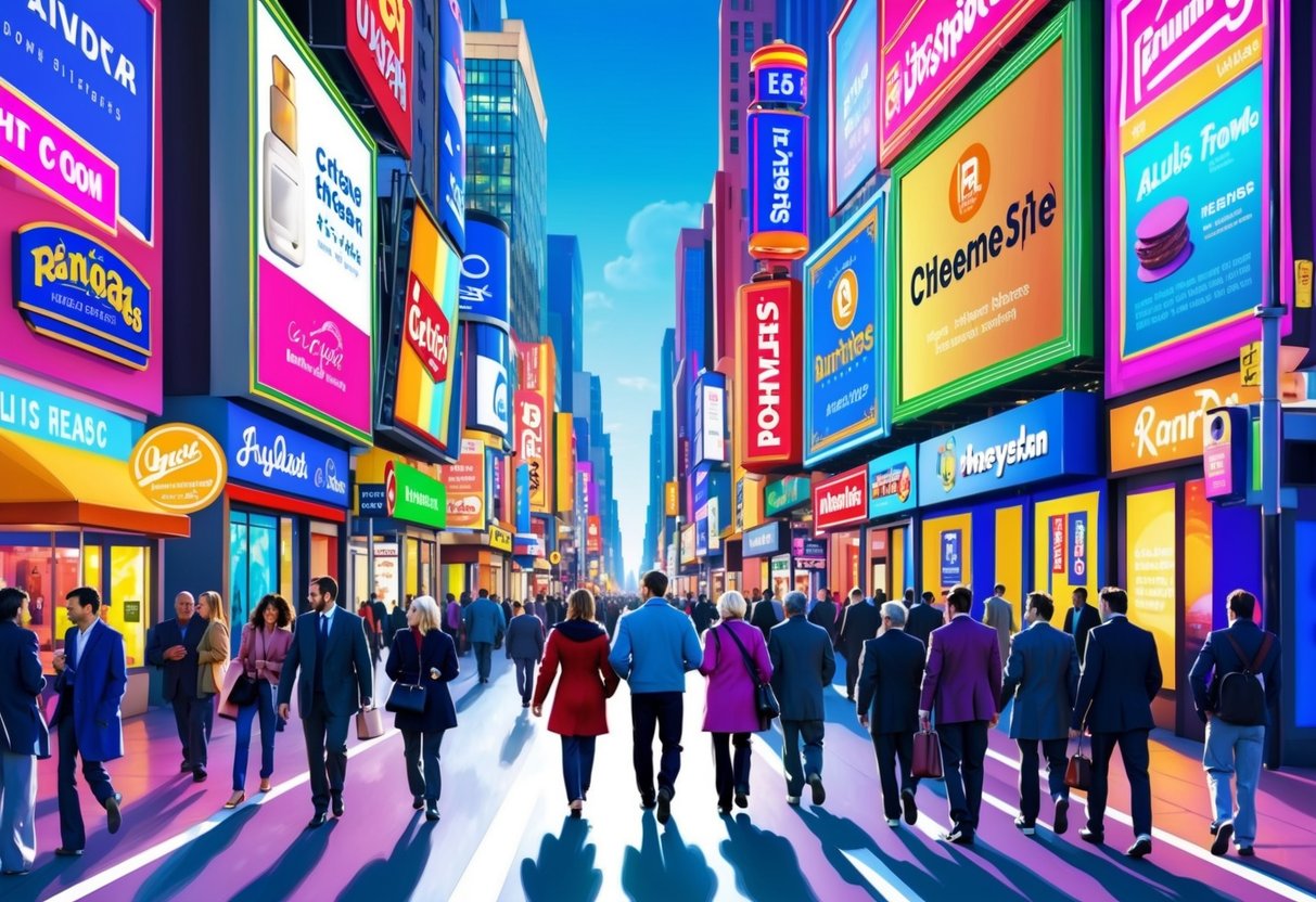 A bustling city street with vibrant billboards and neon signs, showcasing various businesses and products. Pedestrians walk by, glancing at the advertisements