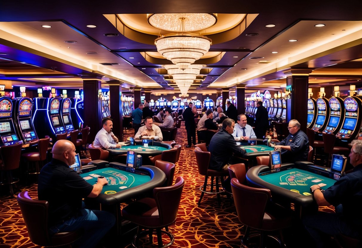 The bustling casino floor with slot machines, card tables, and neon lights. Patrons enjoying drinks and games in the lively atmosphere