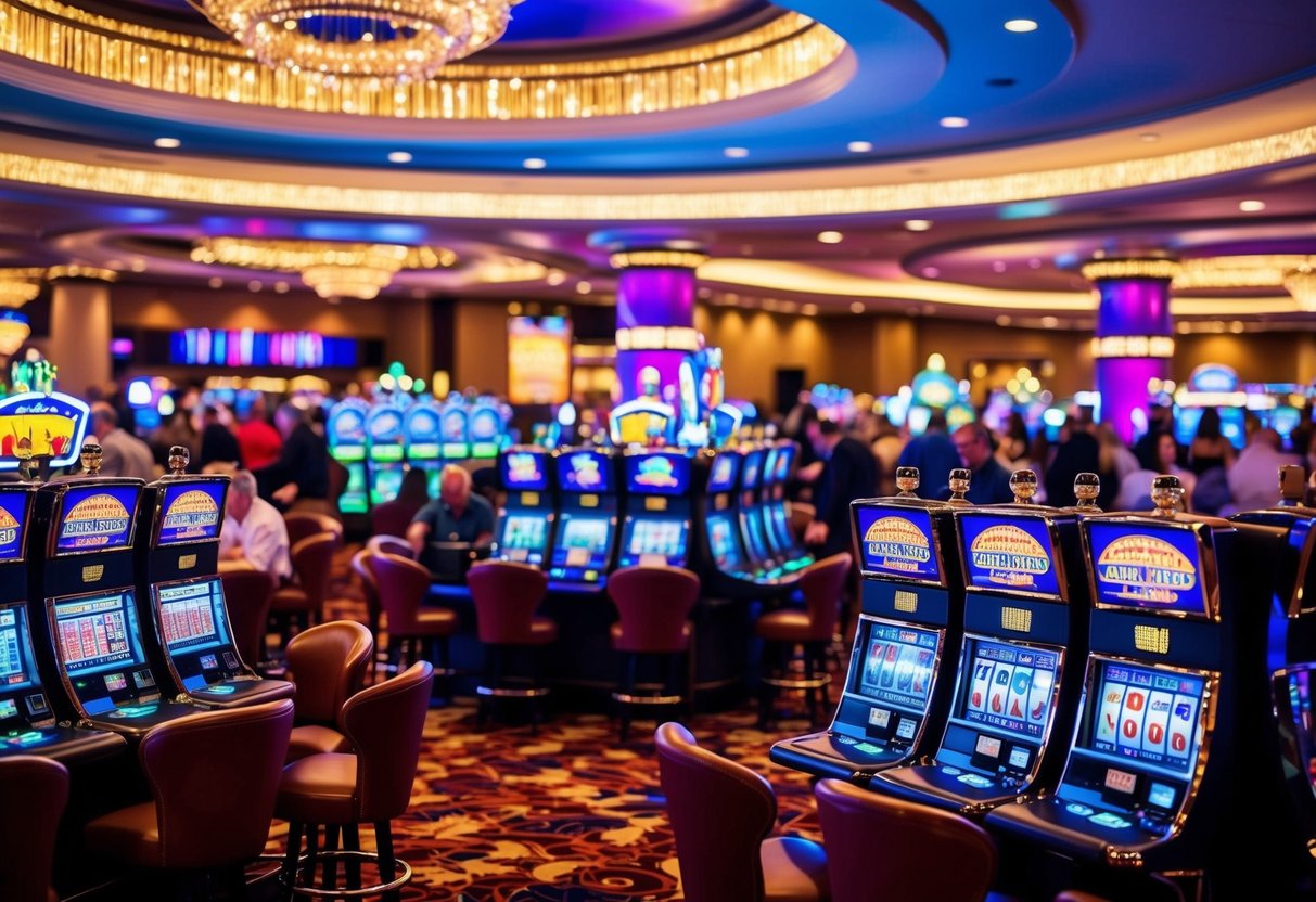 A vibrant casino floor with slot machines, card tables, and a bustling crowd of gamblers. Bright lights and colorful decor create an energetic atmosphere