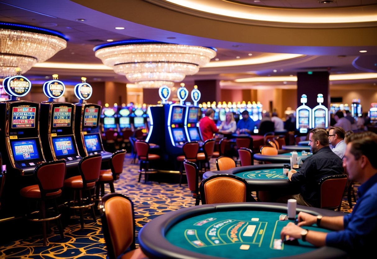 A bustling casino floor with slot machines, card tables, and a vibrant atmosphere. Customers are engaged in games of chance and excitement