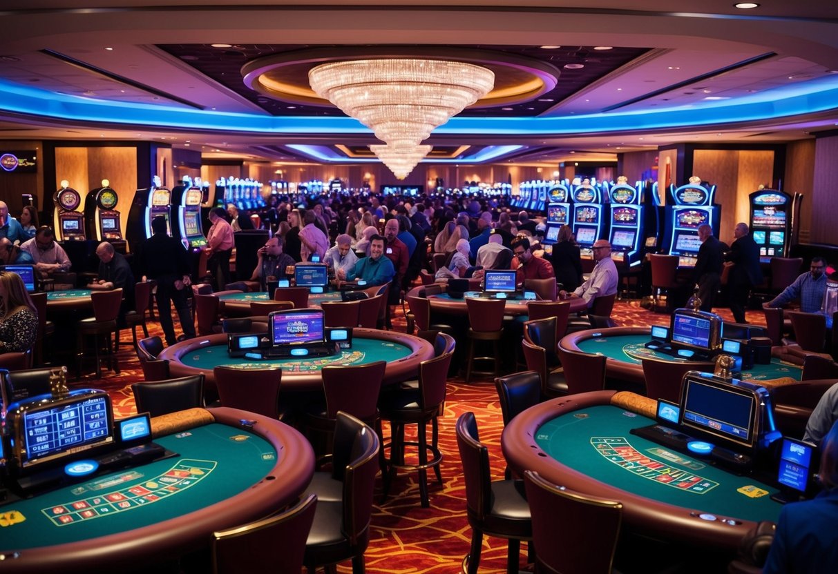 A vibrant casino floor with slot machines, card tables, and a bustling crowd of patrons enjoying the lively atmosphere at Btc365 Casino