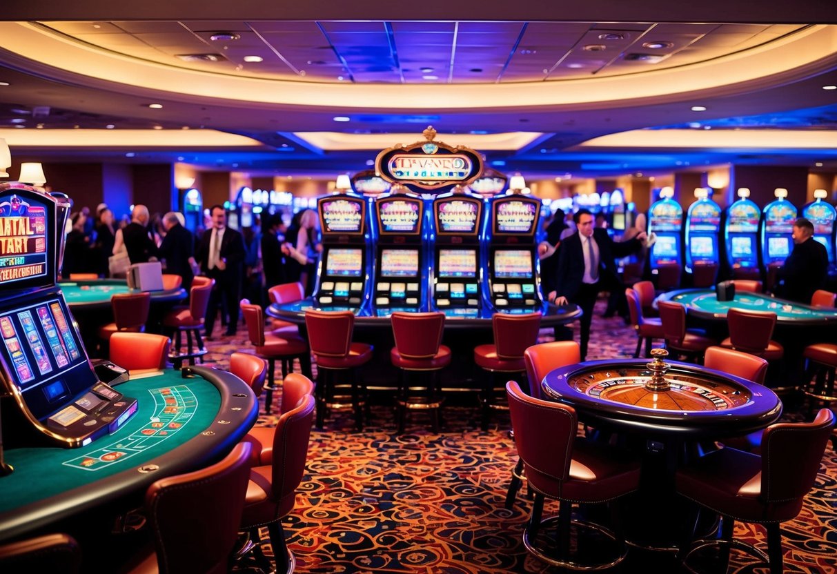 A vibrant casino floor with slot machines, card tables, and a roulette wheel surrounded by excited patrons and flashing lights