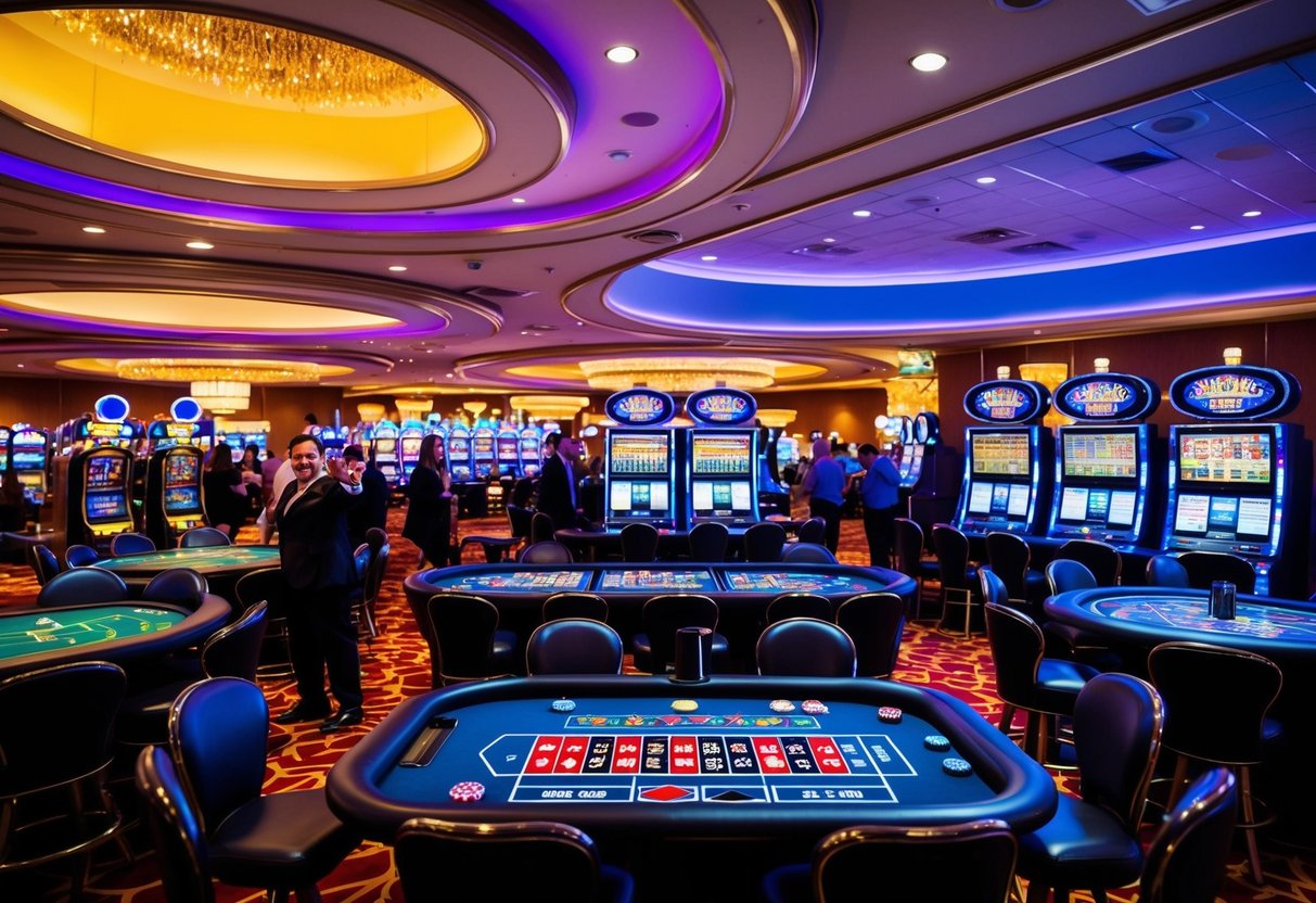 A colorful casino floor with slot machines, roulette tables, and card games surrounded by excited players and bright lights