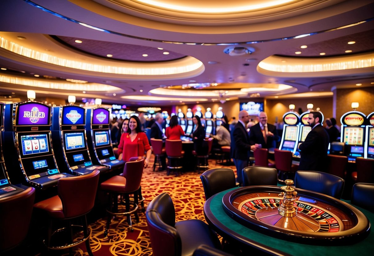 A vibrant casino floor with slot machines, card tables, and a roulette wheel surrounded by excited patrons. Bright lights and a lively atmosphere fill the room