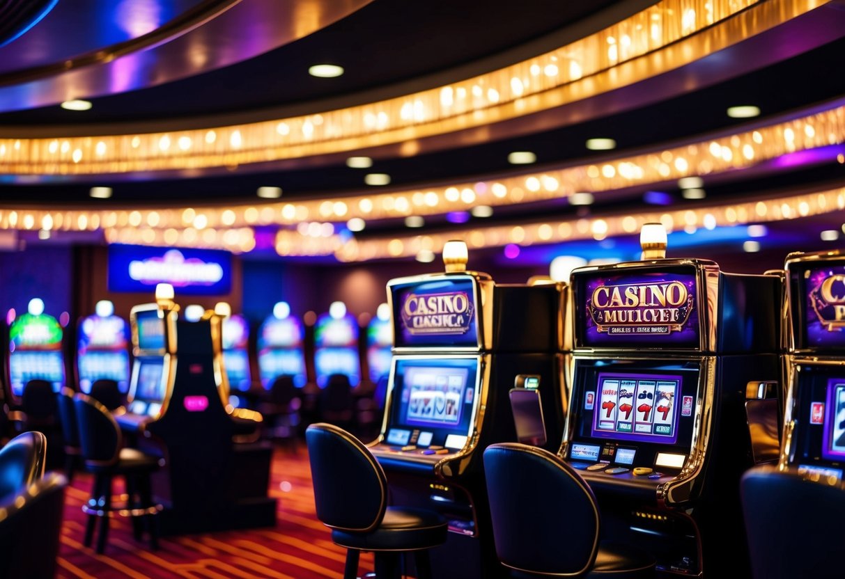 A vibrant casino with flashing lights and slot machines. The atmosphere is lively and exciting, with a sense of anticipation in the air